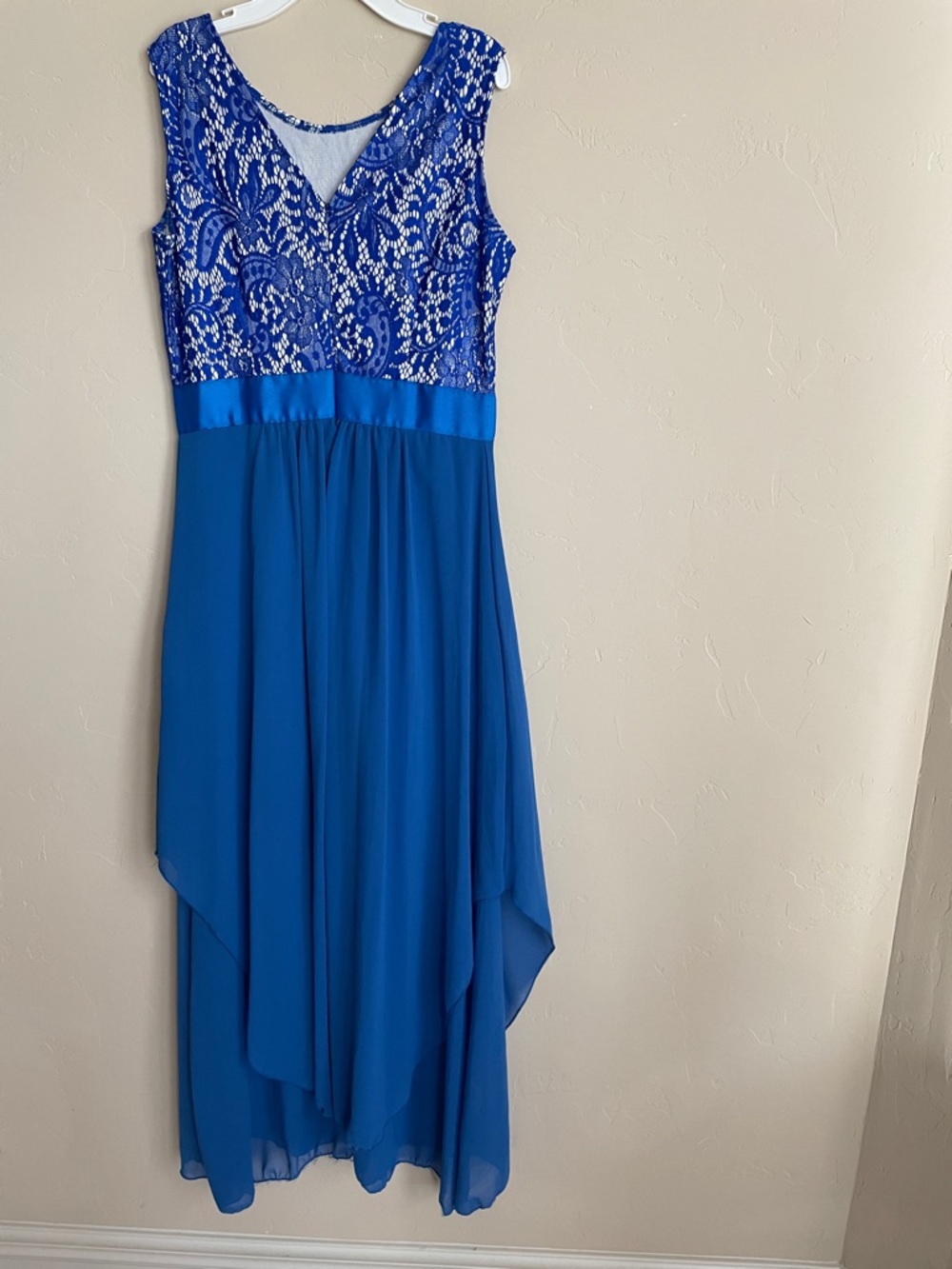 Blue Lace Bodice High-Low Evening Dress